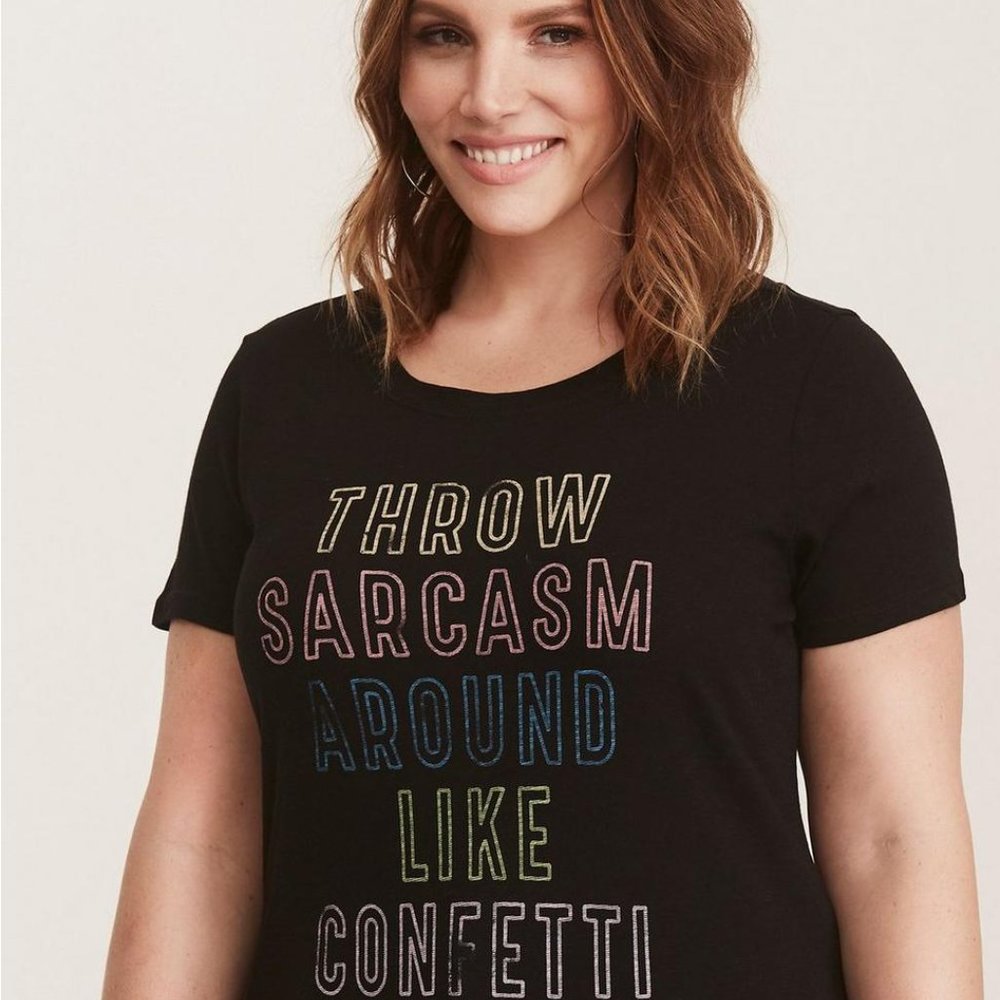 Torrid Black Slub Sarcasm Confetti Crew Tee Sz 2